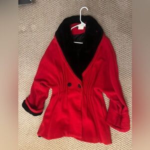 Elegant Red Double-Breasted Pea Coat with Black Collar